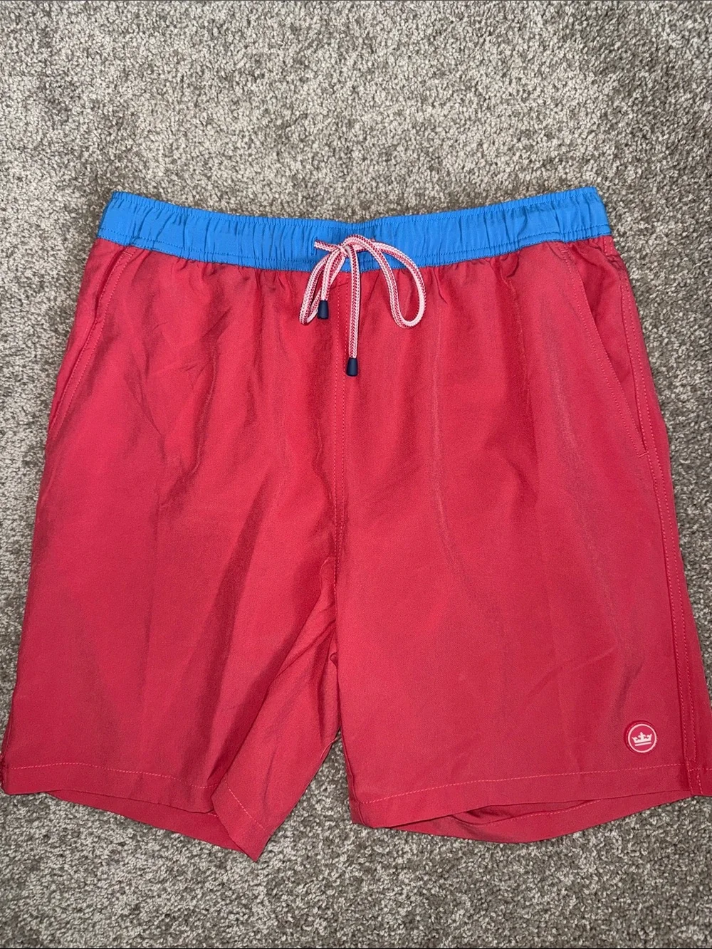 Peter Millar Red Swim Board Shorts with Blue Waistband